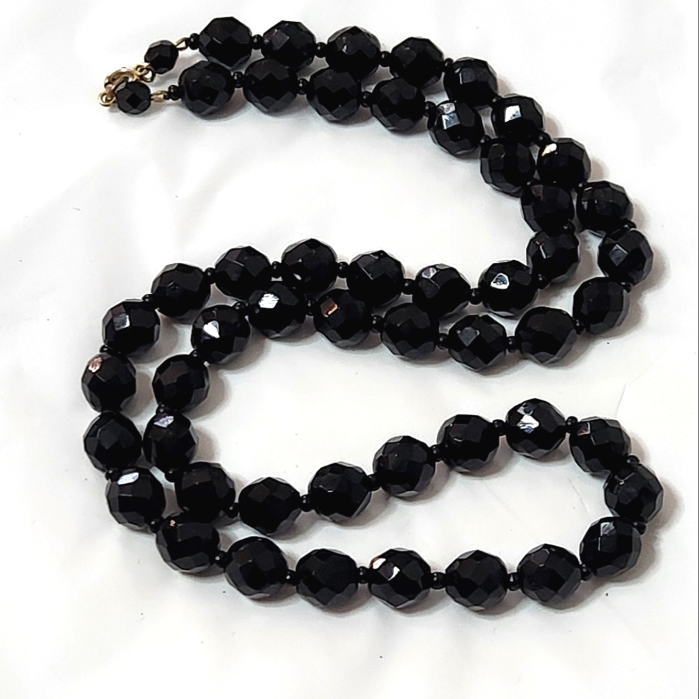 Vintage Black Faceted Glass Bead Necklace